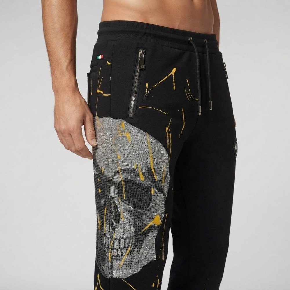 Philipp Plein Mens Rhinestone Skull Paint Splatter Joggers Black XXL